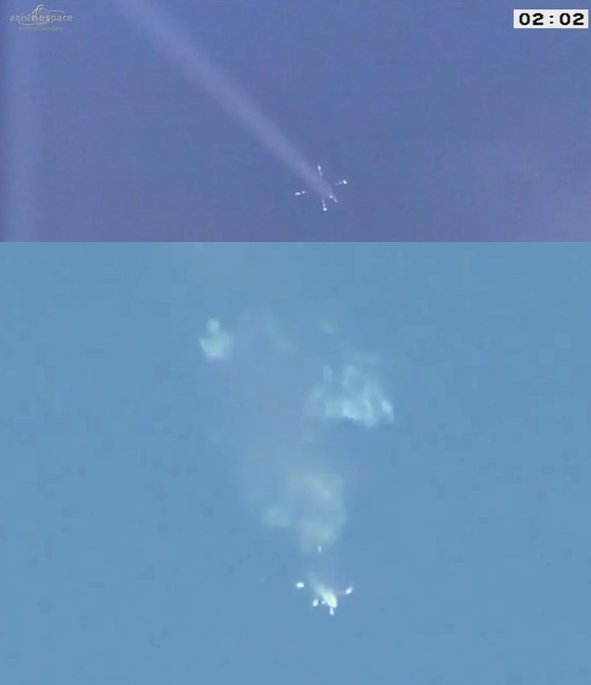 上图：联盟火箭助推器正常分离时的“科罗廖夫十字”；下图：本次发射，明显有问题。（图片来源：Greg Dutra）